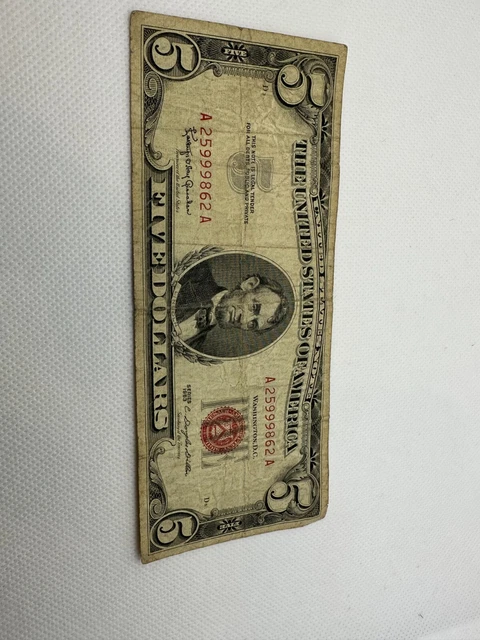$5 1963 United States Red Seal Legal Tender Bank Bill - Five Dollars