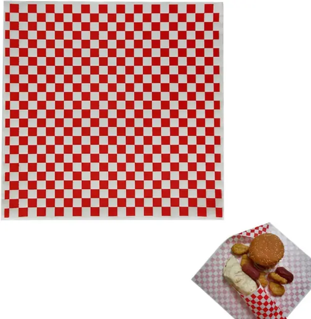 100 Sheets Red and White Checkered Dry Waxed Deli Paper Sheets, Grease Resistant