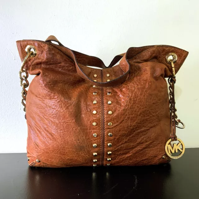MICHAEL KORS Uptown Astor Tote Bag Studded Cognac Leather Hobo Size 13x13x5
