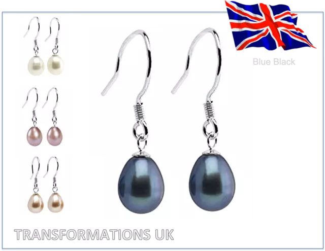 Genuine Freshwater Pearl Drop - Hook Earrings - 925 Sterling Silver - 4 Colours