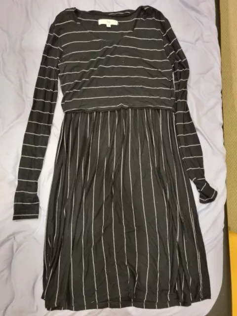 Ripe Maternity Black Stripe Long Sleeve Nursing Knee Length Dress M