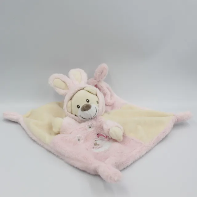 Doudou plat ours déguisé en lapin blanc rose AUCHAN - 19099