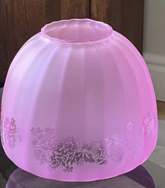 Victorian Style CRANBERRY PINK Glass BEEHIVE Oil Lamp Shade With Floral Motif 2