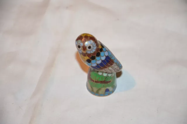 Seltener Cloisonne Fingerhut mit Vogel Messing Metall Emaille  eule