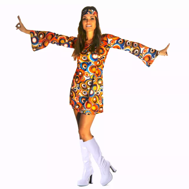 60s 70s Fancy Dress Costume Swirl Flower Power HIPPY HIPPIE RETRO GOGO