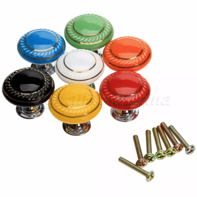 Retro Double Gold Round Ceramic Door Knobs Cabinet Kitchen Cupboard Pull Handle