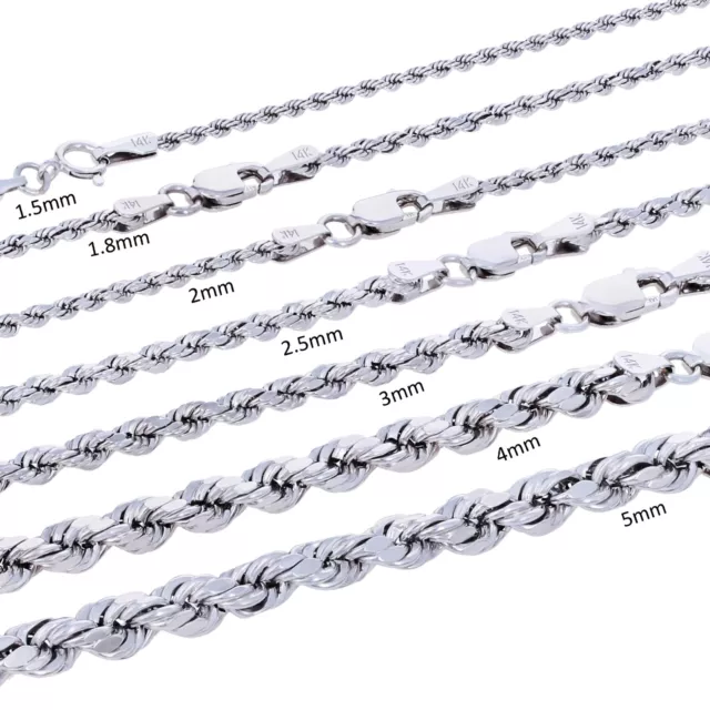 14K White Gold 1.5mm-5mm Diamond Cut Rope Chain Bracelet or Necklace 7" - 30"