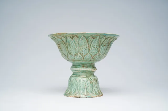 A Very Rare 17Th Cent. Thai Celadon Glazed Footed Stem Dish