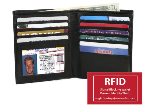 Black RFID Blocking Leather Men's Hipster Bifold Wallet ID Card Holder