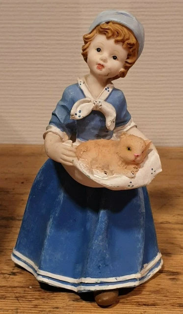 Figurine, statuette, biscuit, porcelaine, déco polychrome mate, Femme, Chat