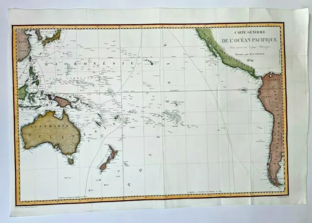 Pacific Ocean 1834 Dumont D'urville Large Antique Map 19Th Century