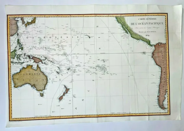 Pacific Ocean 1834 Dumont D'urville Large Antique Map 19Th Century