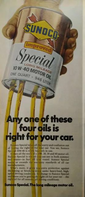 1972 Sunoco Special 10W-40 Motor Oil Can Car Automobile Vintage Print Ad Color