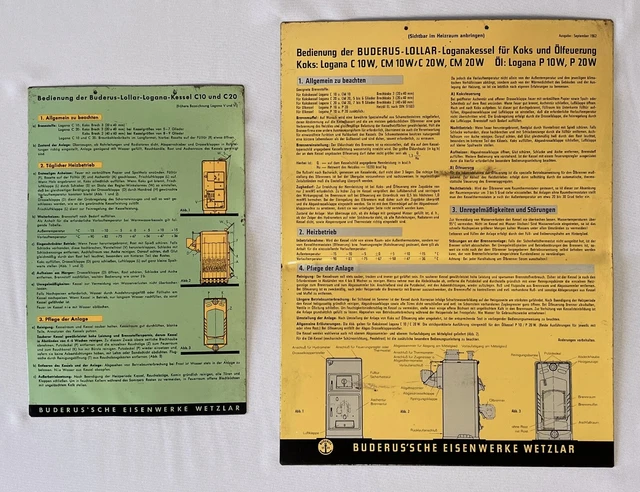 2 alte BUDERUS-Blechschilder: Bedienung der Buderus-Logana-Kessel 30er/1962