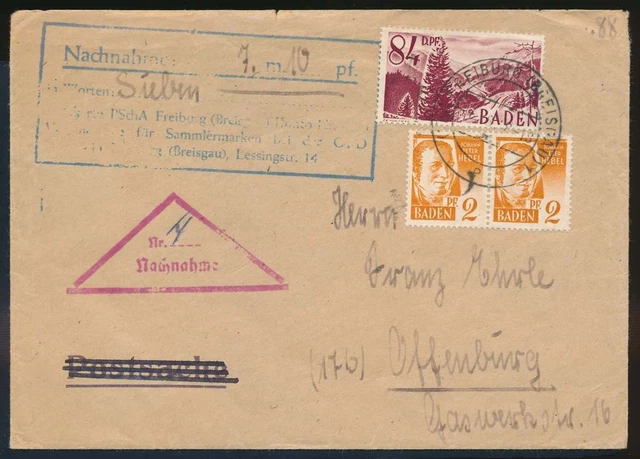 Französische Zone Nr. 14 (2), 26 MiF Nachnahmebrief FREIBURG - OFFENBURG #129859