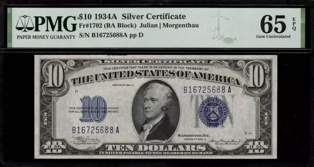 1934A $10 Silver Certificate FR-1702 - Graded PMG 65 EPQ Gem Uncirculated