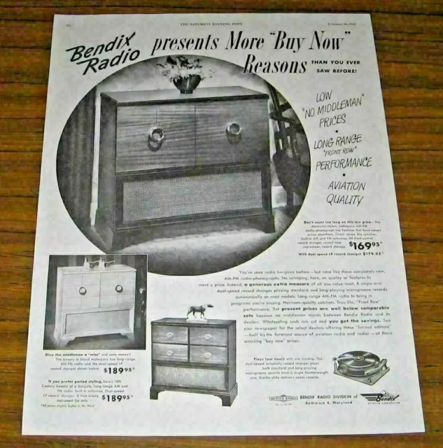 1949 Print Ad Bendix AM-FM Radio Phonographs Record Players Baltimore,MD Console