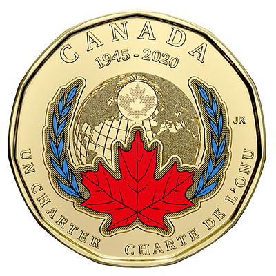 2020 Canada 75th anniversary of UN Charter COLOURED $1 Loonie
