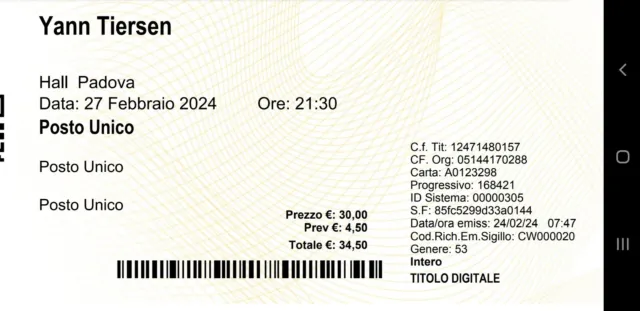 Yann Tiersen (2 biglietti concerto Padova). Invio biglietti via mail.