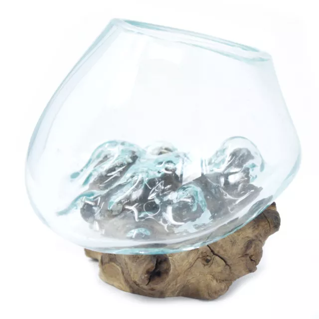 Molten Glass Bowls on White Wash Wood Stand - Melted Vase Plant Jar Root Base