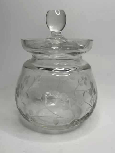 Vintage Beautiful Frosted Etched Glass Condiment Jar With Lid -No Spoon