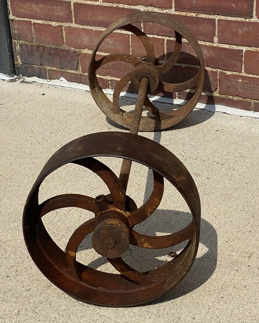 C.1890 Factory Cart Wheels w/ Axle ~ Ornate Curved Spokes, No Chips or Cracks