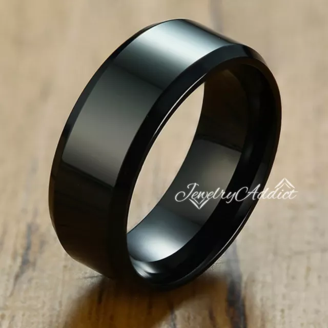 Mens Punk Black 8Mm Engagement Wedding Anniversary Round Plain Band Fashion Ring