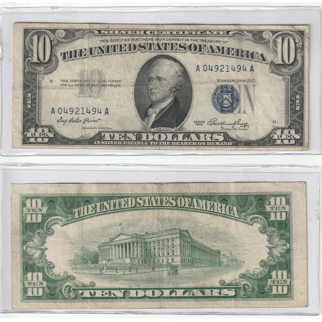 Rare 1953 $10 Ten Dollar United States Silver Certificate Blue Seal Bill