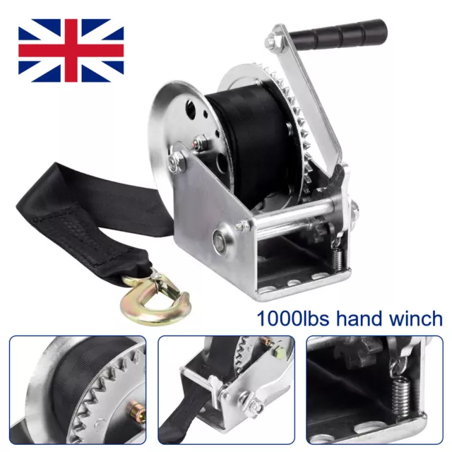 1000Lbs Manual Hand Winch Boat Trailer Caravan Webbing Marine Puller with Hook