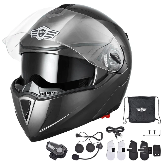 AHR Full Face Flip Up DOT Motorcycle Helmet Bluetooth 5.0 Headset Intercom FM M