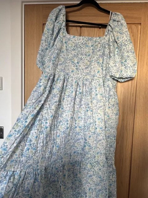 Vintage Blue Floral Cotton Dress Flattering Fit Puff Sleeve Adorable Size 18-20