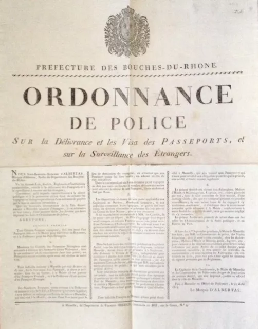 § MARSIGLIA 1814 - Ordinanza polizia sui visti dei passaporti. Ottima conservaz.