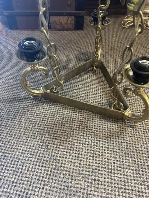 Unusual Vintage Very Heavy Brass Chandelier Light Fixture 3 Arm 3