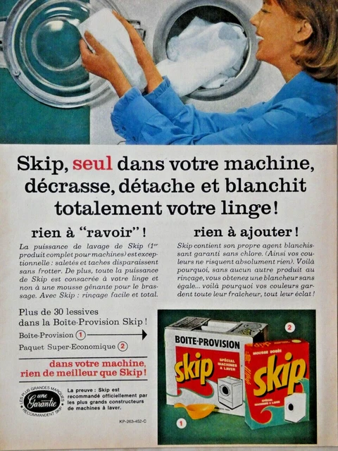 PUBLICITÉ DE PRESSE 1965 Lessive SKIP Pour machine à laver Détaches Blanchit