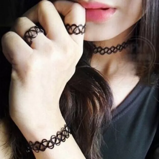 Tattoo Choker Stretch Necklace Ring Bracelet Retro Henna Vintage Elastic Boho UK