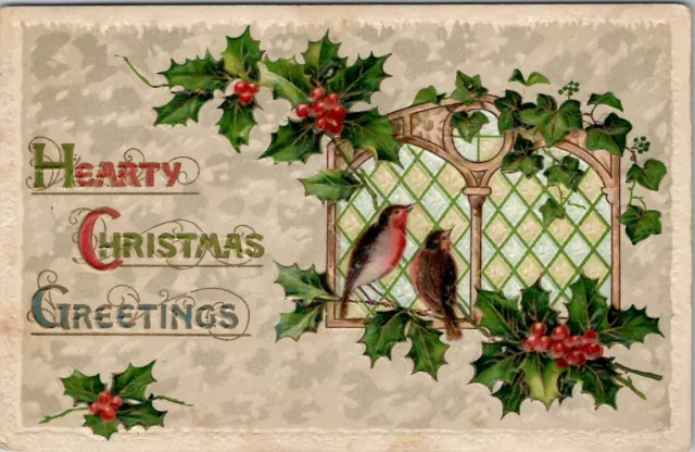 Christmas Birds Faux Stained Glass Window with Hollyberry Embossed Postcard T20
