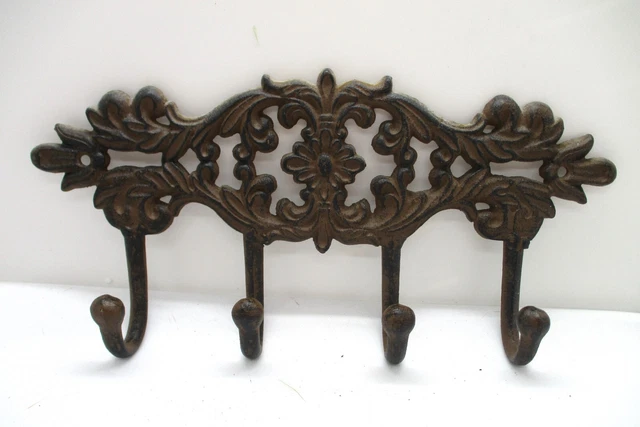 Vintage Victorian Cast Iron Rustic 4 Hook Wall Mount Coat Hat Utensil
