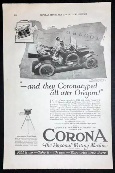 1920 Corona Portable Typewriter print AD “~and they Coronatyped all over Oregon"