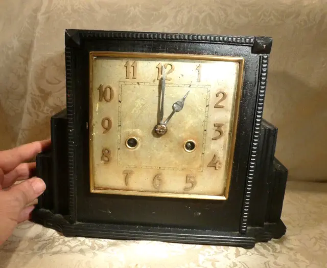 Art Deco German Ebonised Wood Square Pendulum Mantle Clock DRGM Spares/Repairs