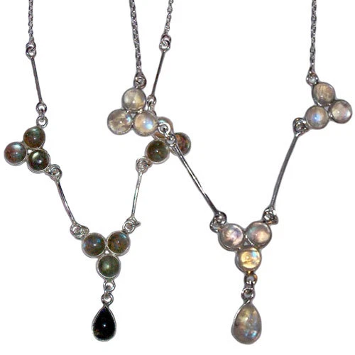 Gemstone Cluster Sterling Silver Necklace Labradorite Rainbow Moonstone Gem NEW