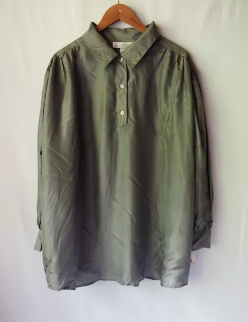 Allison Woods 100% Silk Habotai Blouse Puff SLeeve Light Gray Plus Size 1X 64"