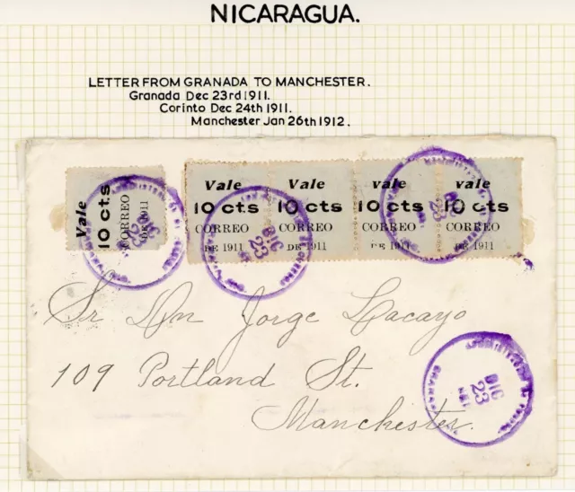 NICARAGUA 1911 cover. Railway coupon stamps overprinted on back for postal use