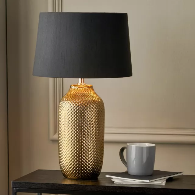 Gold Ceramic Bottle Lamp With Black Tapered Lampshade Textured Table Lamp