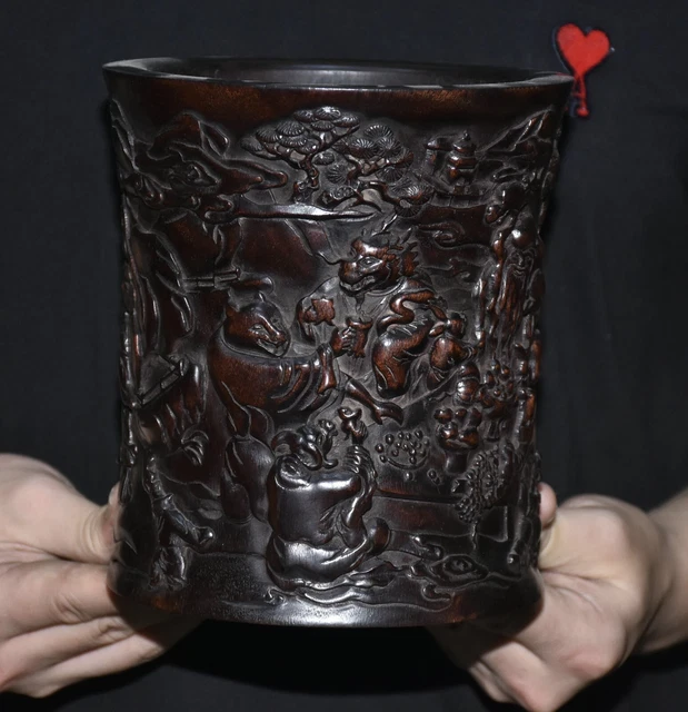 6.8” Old Chinese Wood Carving Dynasty Palace 12 Zodiac Year Pine Brush Pot