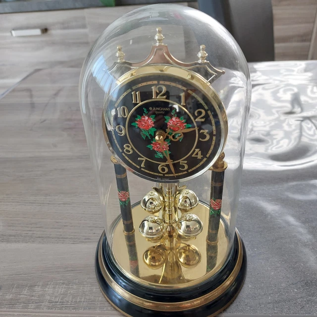 HORLOGE PENDULE VINTAGE Germany Junghans Quartz Sous Cloche En horloge-pendule-vintage-germany-junghans-quartz-sous-cloche-en