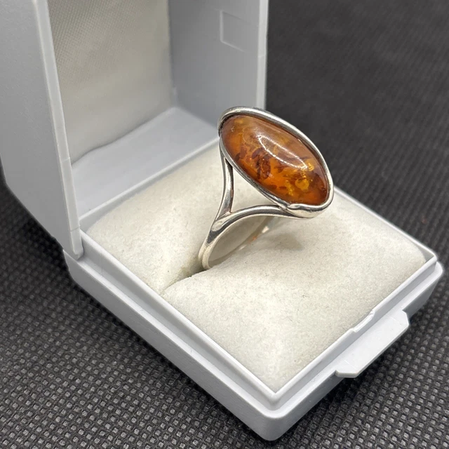 Ancienne Bague En Argent Massif 925 Avec Ambre - Alliance Créateur Occasion