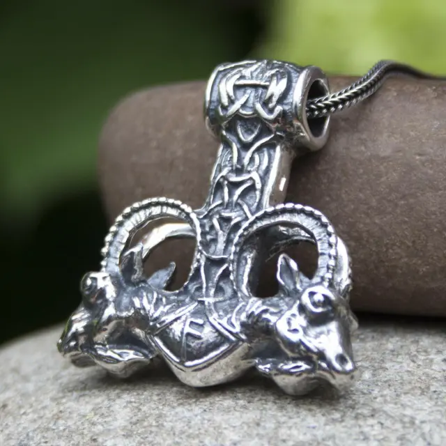 Large Viking Mjolnir Hammer Pendant Necklace with Thors Goats Sterling Silver