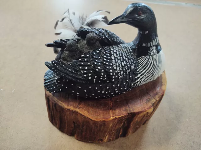decorative cedar based craft resin figurine loon w/babies and chicken feathers