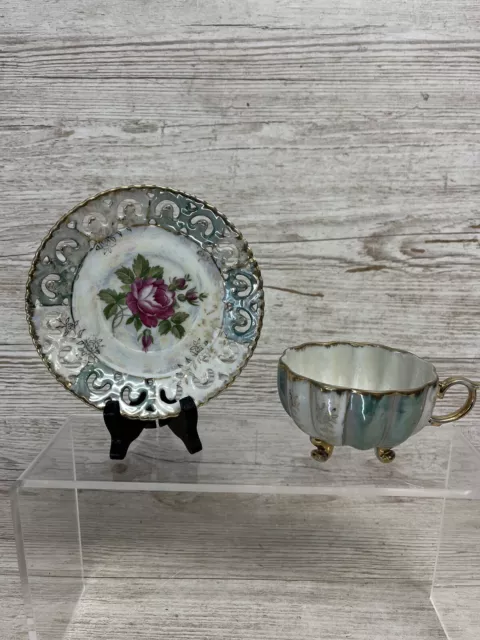 Royal Sealy China Cabine Lusterware 3 Footed Tea Cup and Saucer Vintage