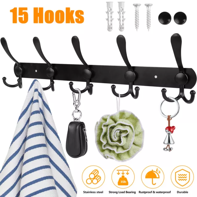 Wall Mount Key Rack Hanger Holder 15 Hook Coat Robe Hat Towel Clothes Organizer